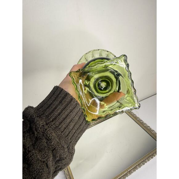 Vintage Indiana Glass, Avocado Green, Small Footed Vase, Scalloped Rim - Picture 10 of 10